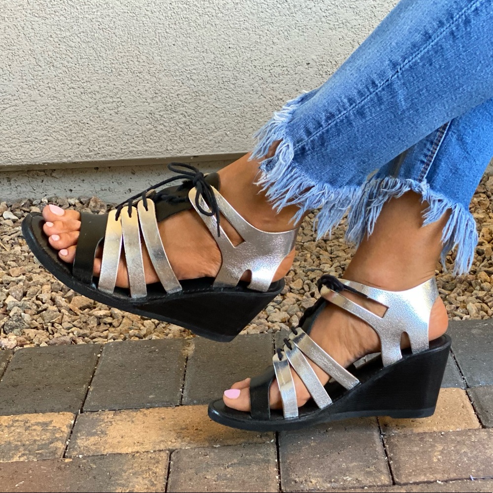 Distressed Leather Lace Up Kitten Wedge Sandal - Picture 4 of 12